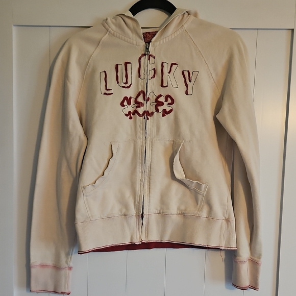 Lucky Brand Tops - Lucky Brand Cream Hoodie Jacket with Red Logo